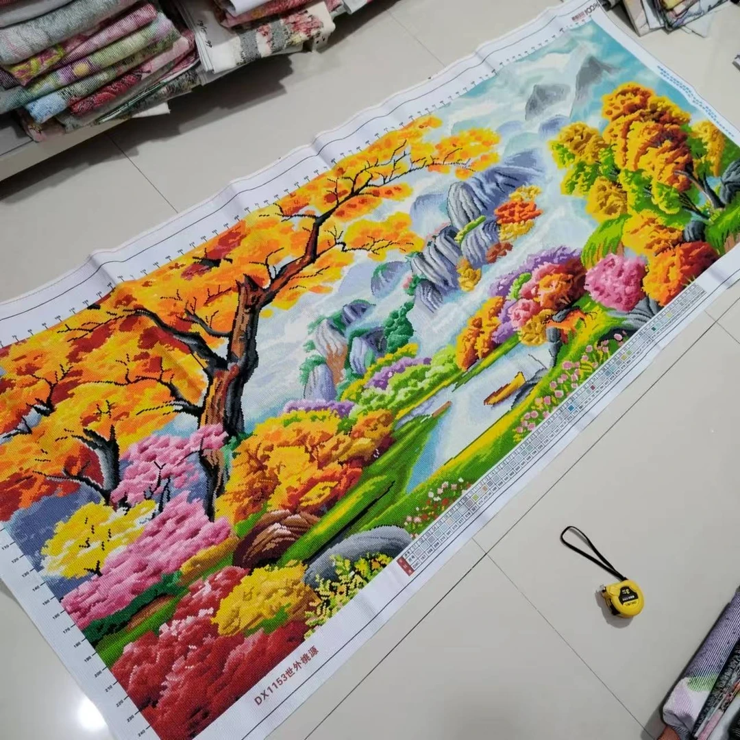 纯手工绣好的十字绣成品世外桃源流水生财新款山水风景装饰画出售