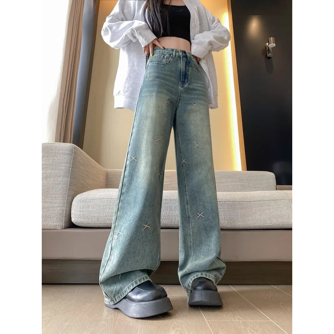 【刺绣款】2025春秋大码女装宽松直筒牛仔裤子胖mm显瘦长裤梨形身材