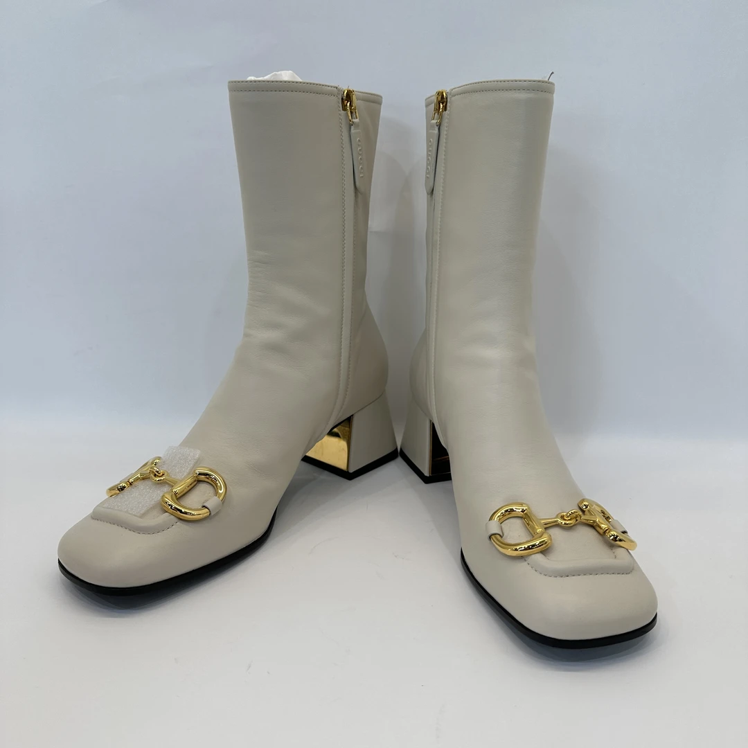 Gucci/古驰休闲舒适百搭时尚潮流侧面拉链马衔扣白色短靴36码