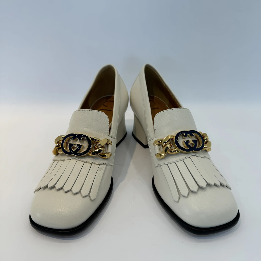 Gucci/古驰时尚休闲舒适百搭双G马衔扣白色流苏高跟乐福鞋35码