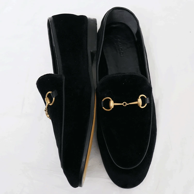 Gucci/古驰舒适百搭时尚休闲潮流英伦马衔扣丝绒表面黑色乐福鞋