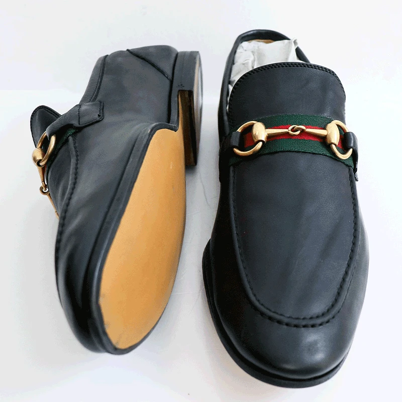 Gucci/古驰时尚休闲百搭舒适绿红绿织带马衔扣男士黑色乐福鞋41码
