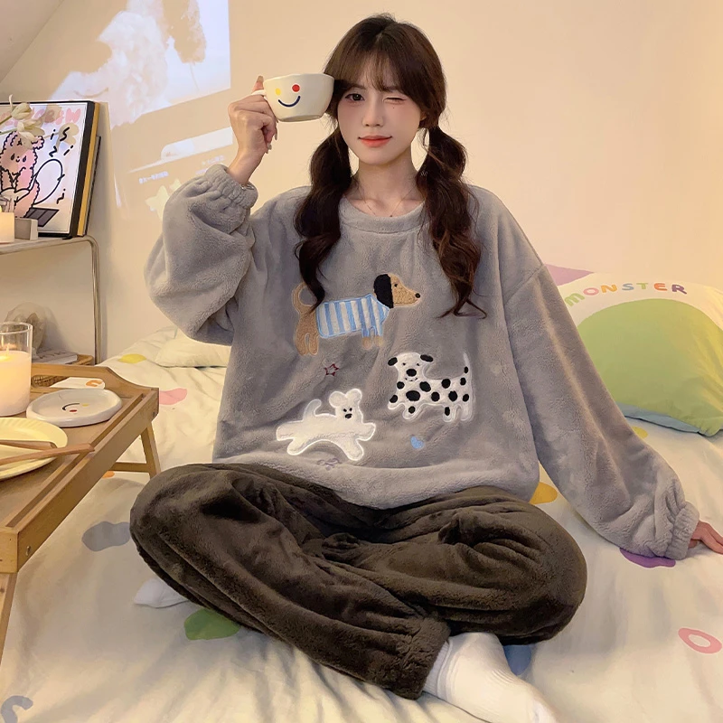 睡衣女珊瑚绒秋冬季加绒ins可爱保暖冬天宽松学生睡衣家居服套装