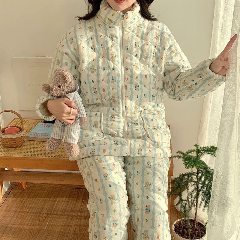 三层夹棉睡衣女冬季新款拉链珊瑚绒加绒加厚保暖可爱少女夹棉睡衣