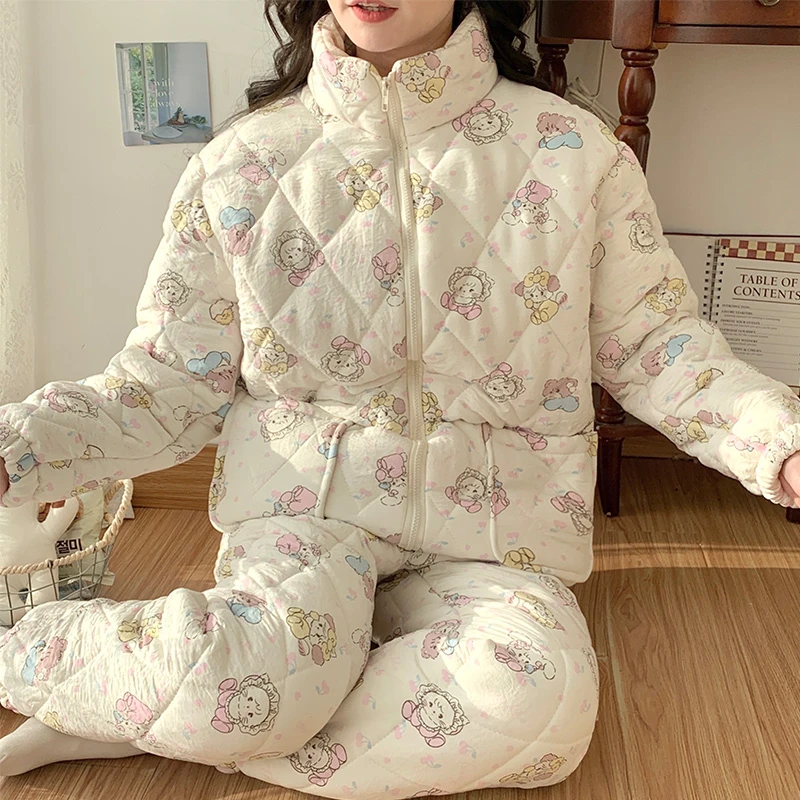 珊瑚绒夹棉睡衣女冬季新款拉链加绒超厚保暖少女卡通三层夹棉睡衣
