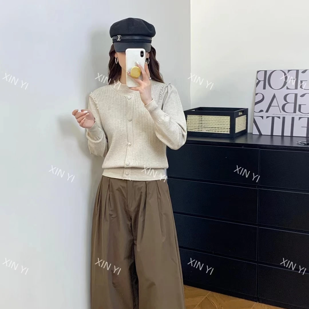 2024秋冬新款安迪绒保暖显瘦韩系小香风精致气质圆领长袖开衫女