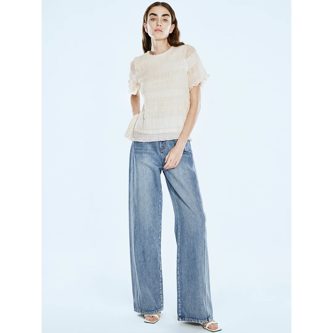 COVERINS新款奢华重工珠片绣花压褶层次肌理感舒适上衣CC64270010