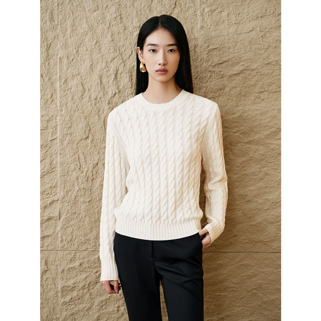 INSUN恩裳专选冬季休闲圆领扭绳羊毛毛针织衫9C64506130