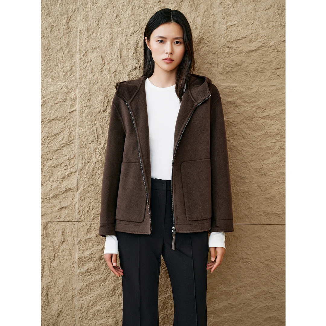 INSUN恩裳冬季宽松连帽桑蚕丝羊毛夹克9C64510010