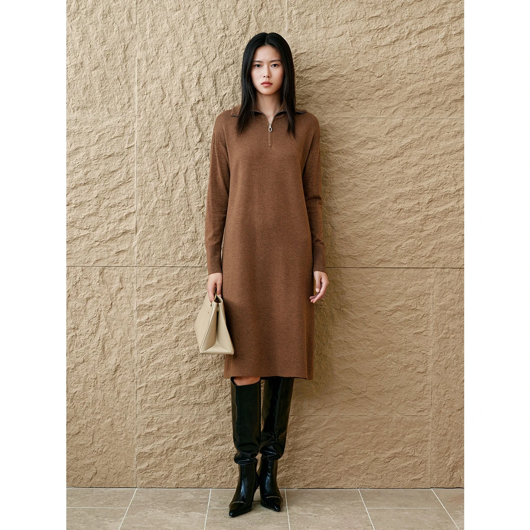 INSUN恩裳 新款时尚美拉德翻领毛针织连衣裙9C64506500