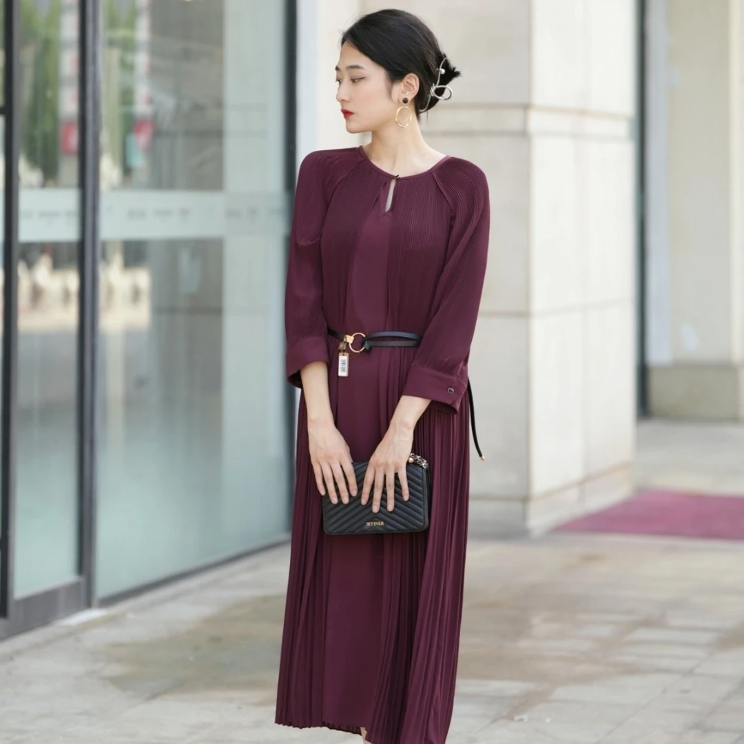 INSUN恩裳假两件压褶长裙H廓形飘逸灵动连衣裙9C63205310(配腰带)