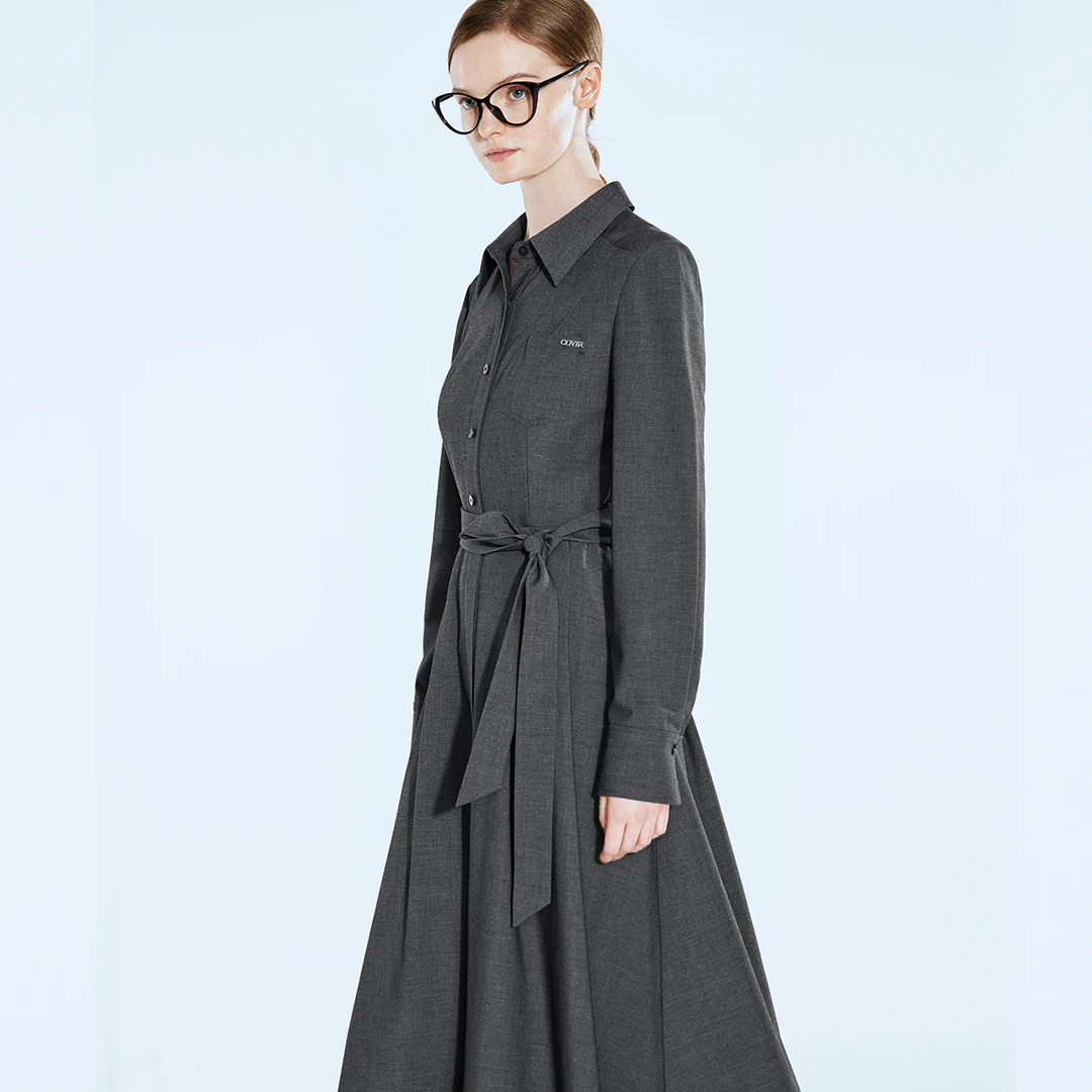 COVERINS2025春季格雷系捏褶收腰衬衫连衣裙CC35105040