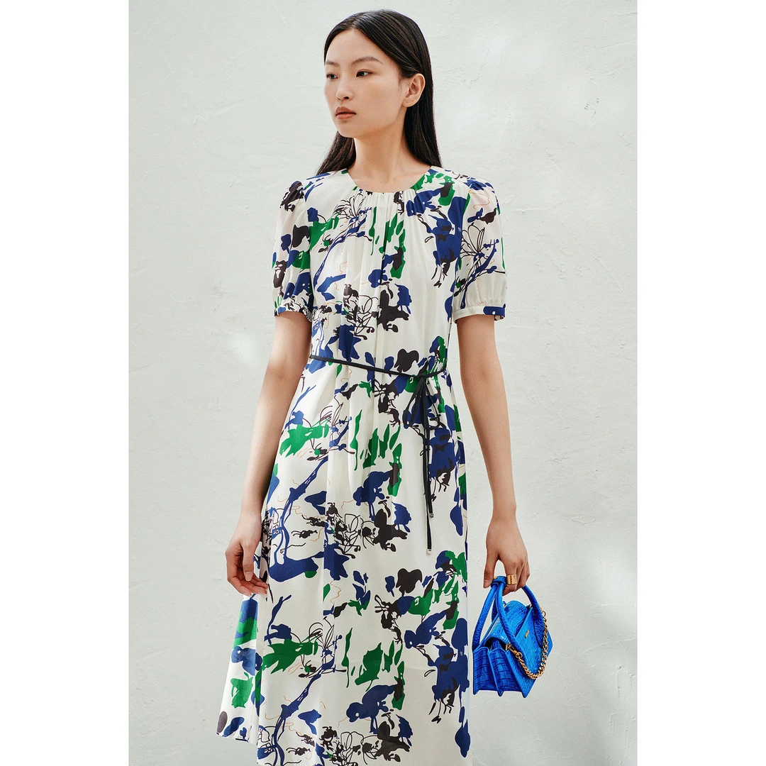 恩裳 夏季新款时尚抽象印花砂洗肌理感双绉连衣裙9C63205690