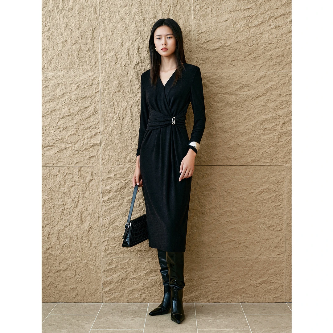 INSUN恩裳2025春季新款交叠式收腰捏褶设计感连衣裙9C65105040