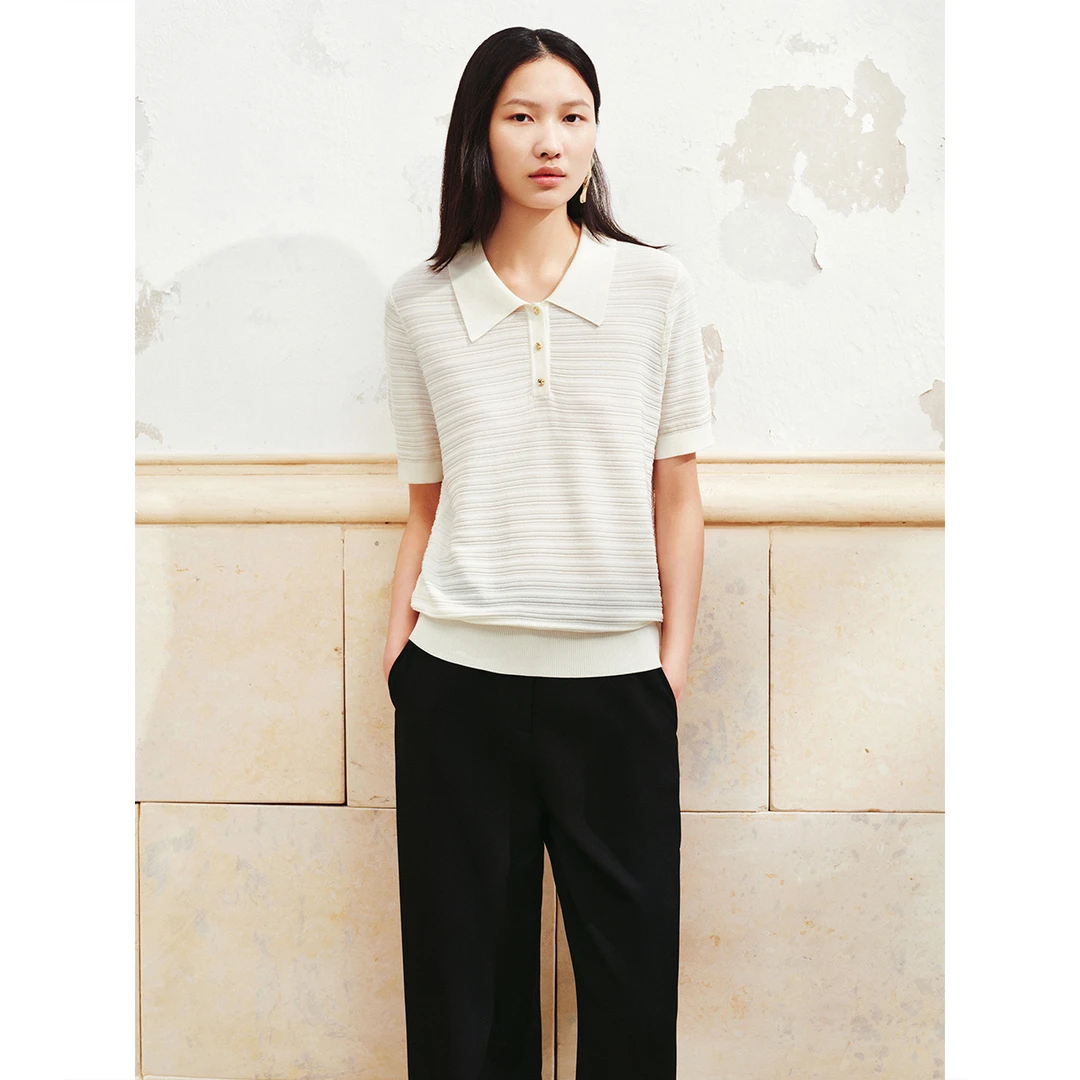 INSUN恩裳专选夏装休闲条纹肌理感冰丝短袖针织衫9C64206150