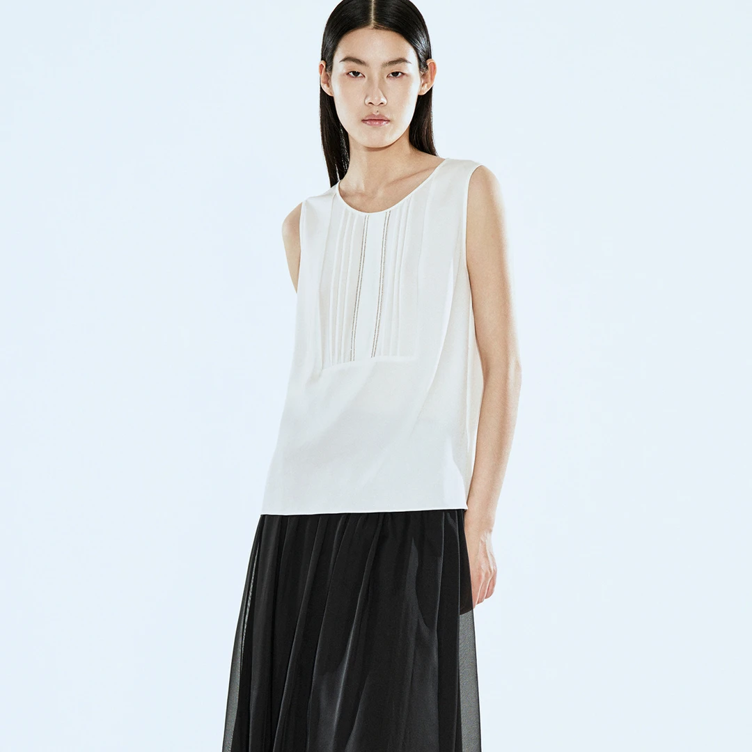 COVERINS夏季新款清爽圆领压褶醋酸无袖背心CC64204010