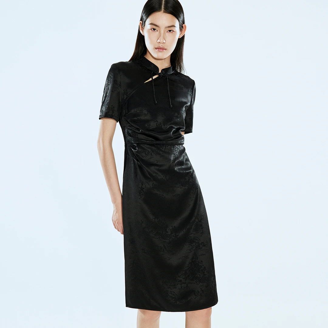 COVERINS夏季新款黑色新中式醋酸气质中国风连衣裙CC64305010