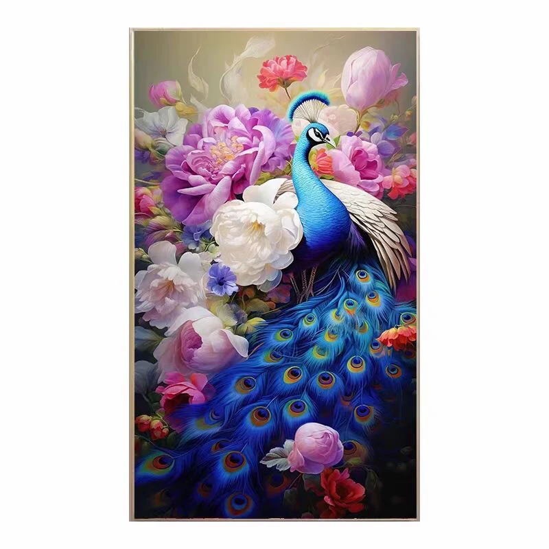 竖版孔雀花卉大格四股满绣白布46色-100*60-蒙娜丽莎十字绣套件