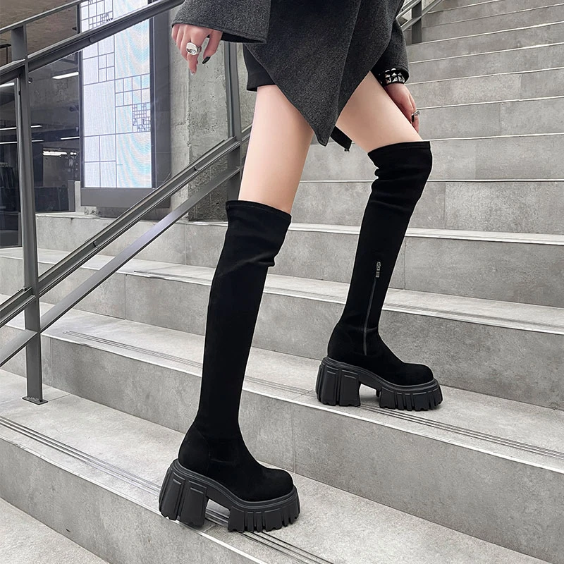 陈满满粗跟高跟厚底过膝长靴女英伦风小个子显高弹力靴防水台袜靴