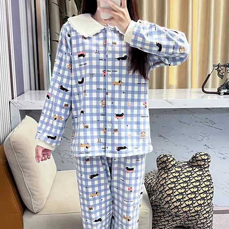 【668#蓝色小狗德绒无胸垫】卡通甜美睡衣女冬季新款设计感家居服