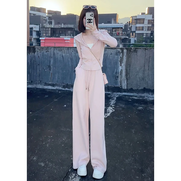 洋气时尚高腰垂感阔腿裤套装女小个子长袖上衣T恤搭配宽松直筒裤