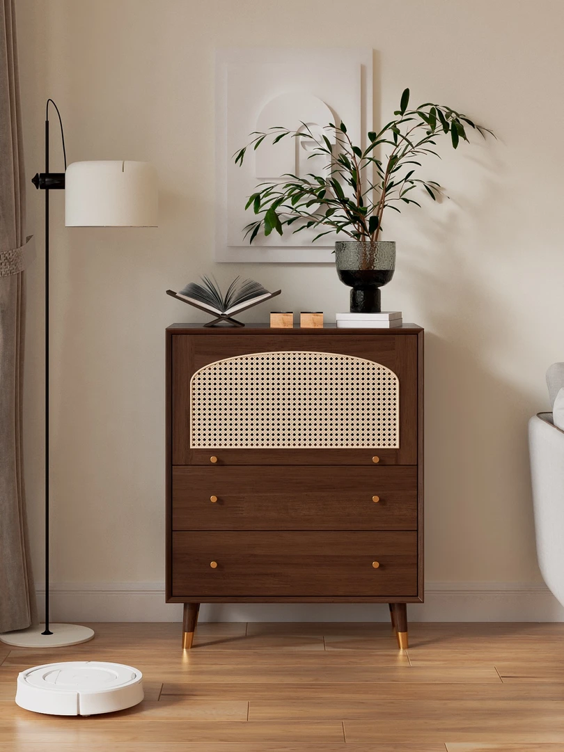 斗柜北欧实木斗柜日式藤编储物柜客厅家中收纳柜轻奢美式复古极简