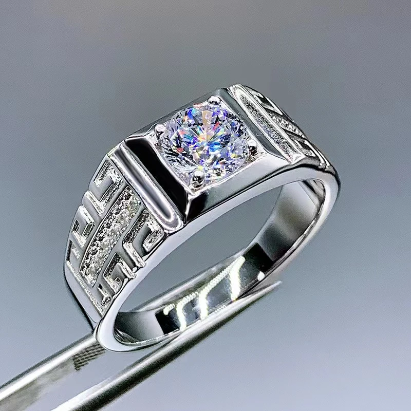 925银莫桑石戒指  回纹男戒1克拉戒指男款男士霸气