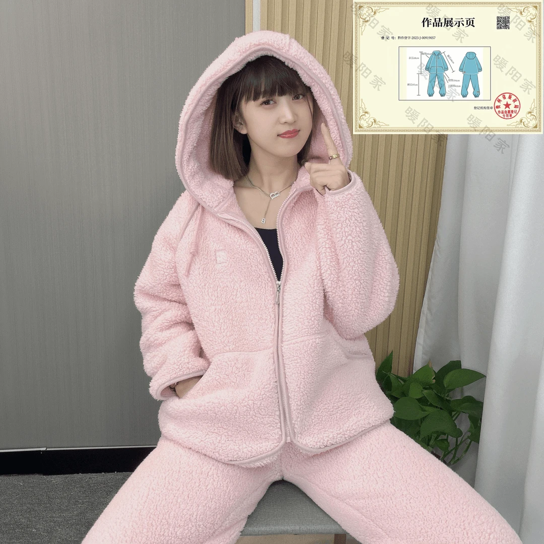 加厚双面加绒宽松休闲女舒适可外穿家居服套装保暖两侧大口袋睡衣