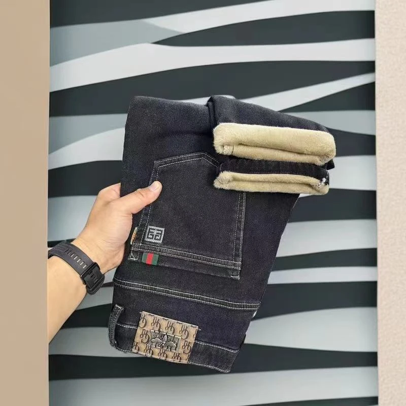 2023秋冬加厚新款男士休闲经典白塔高端水洗修身小直筒牛仔长裤