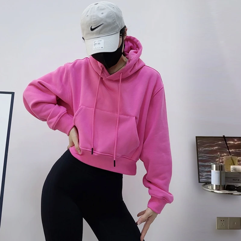 秋冬短款显瘦加绒外穿健身运动宽松长袖卫衣百搭