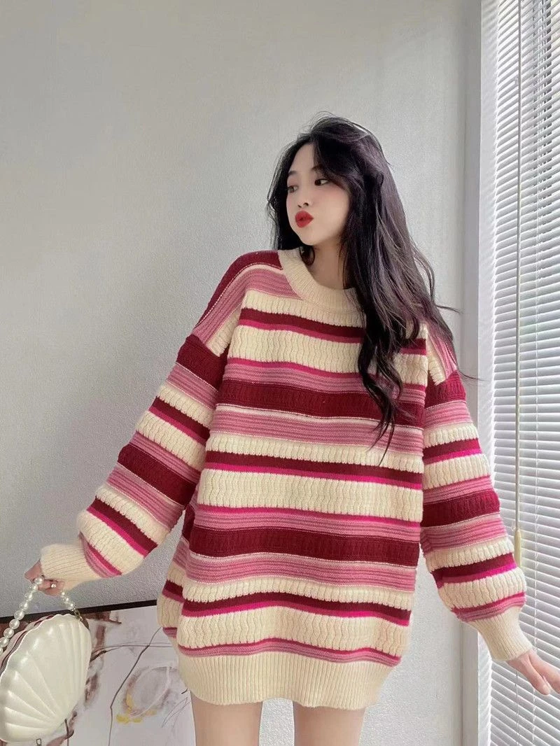 慵懒风撞色条纹长袖套头毛衣秋冬外穿宽松百搭针织衫上衣