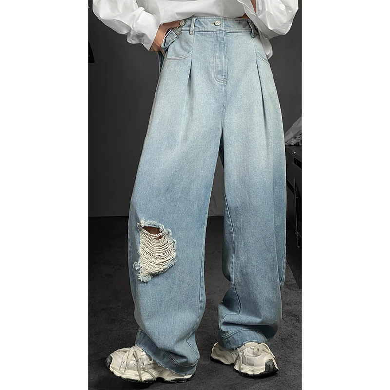 龙叨叨2024夏季新款直筒休闲复古宽松水洗破洞ins做旧百搭牛仔裤