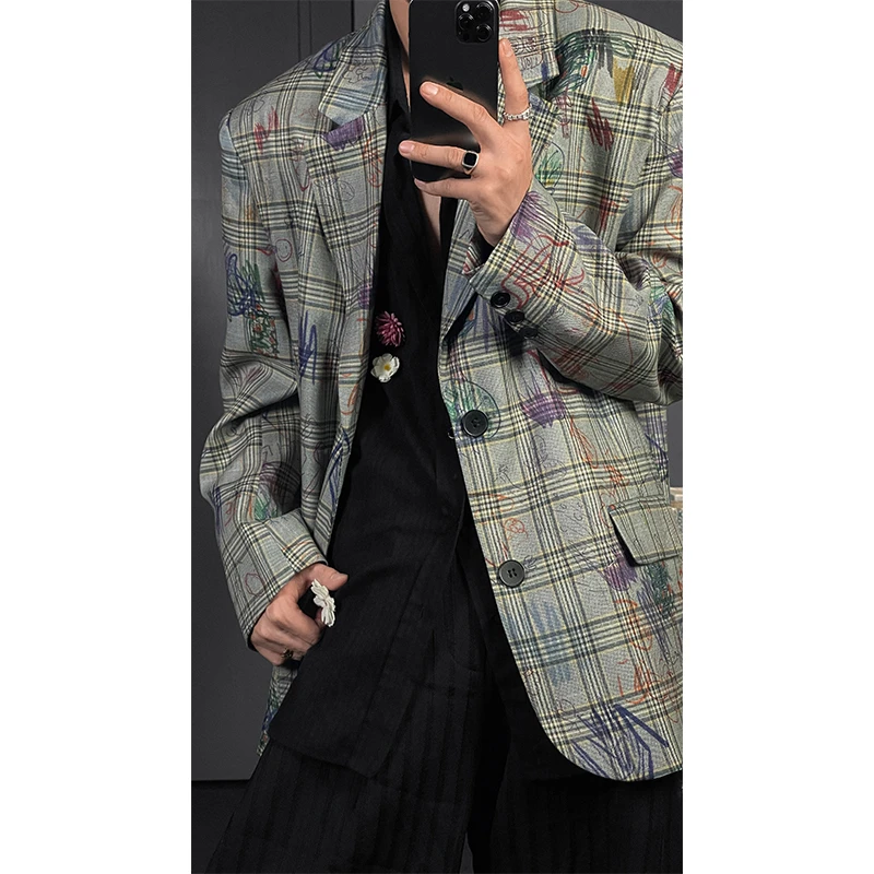 龙叨叨2024早秋新款宽松格纹学院风西服外套涂鸦设计复古休闲西装