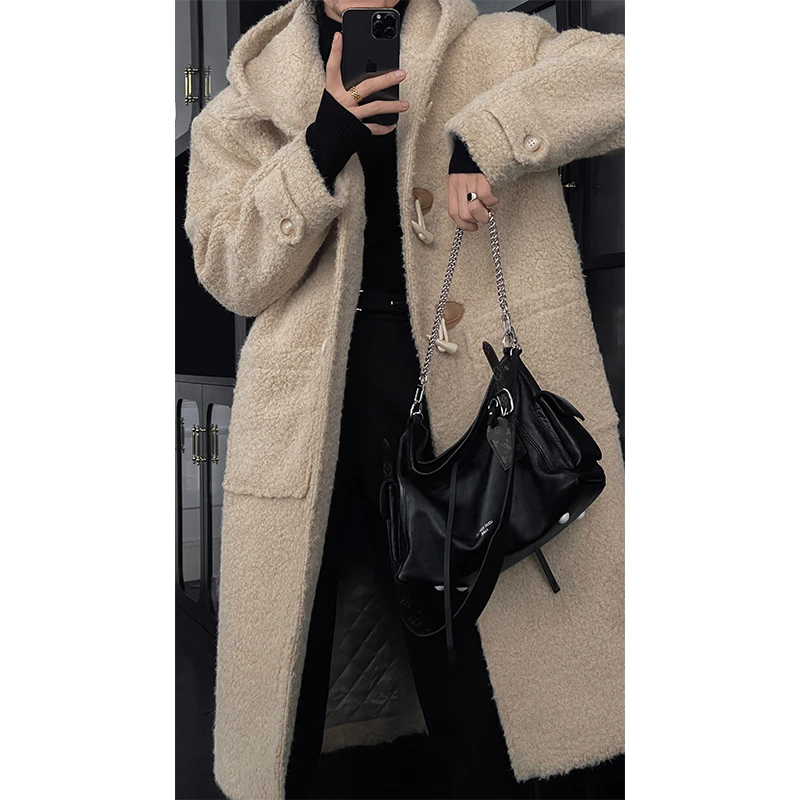 龙叨叨2024秋冬新品复古牛角扣中长款毛绒大衣连帽加厚百搭外套男