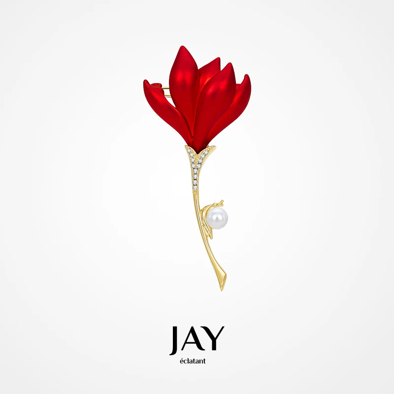 Jay 合金仿珍珠胸针 红色胸针女2023年新款胸花奢华花朵别针配饰