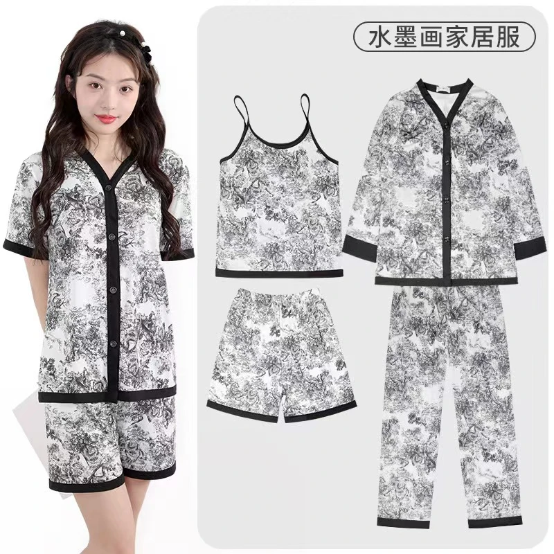 新疆包邮爆国潮风水墨画居家服四件套冰丝睡衣女印花吊带短裤时尚