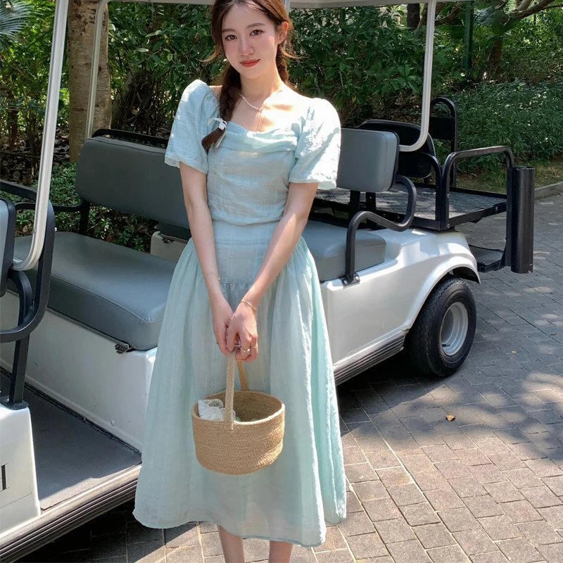 欧美风套装北欧田园风泡泡袖上衣半身裙两件套约会气质温柔夏女装