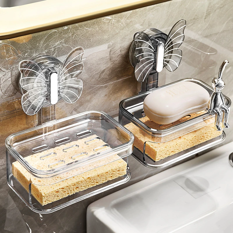 吸盘肥皂盒壁挂式免打孔家用轻奢卫生间浴室双层香皂盒沥水置物架