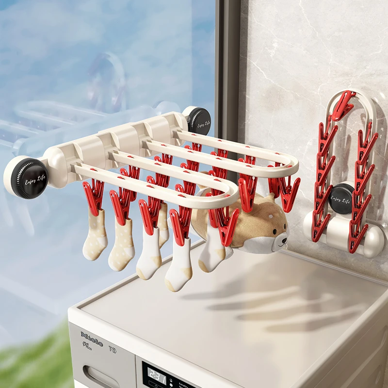 吸盘折叠袜子晾晒架阳台家用壁挂室内多夹子晾衣架飘窗晒袜子神器