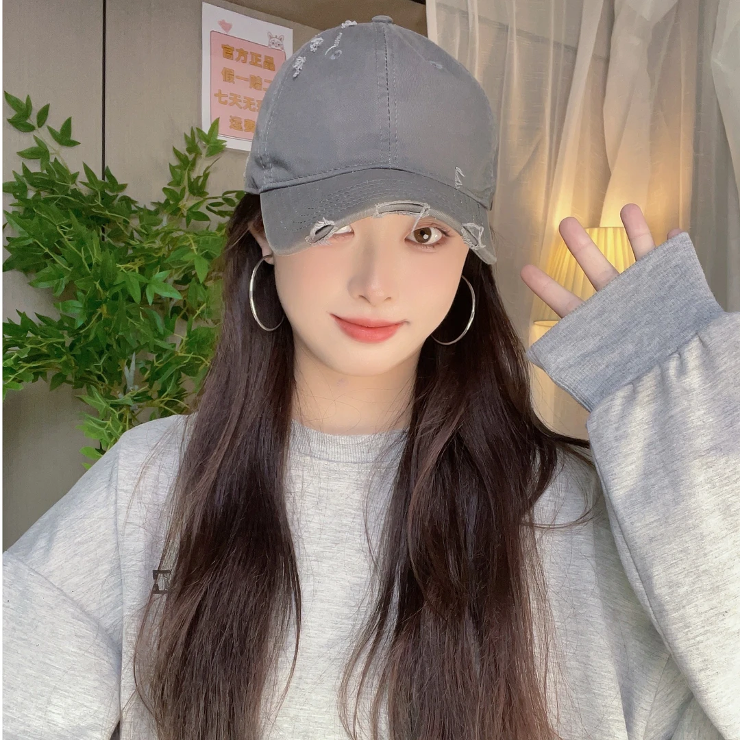 大头围加深加大棒球帽女显脸小软顶破洞重水洗大帽檐遮阳帽子纯色