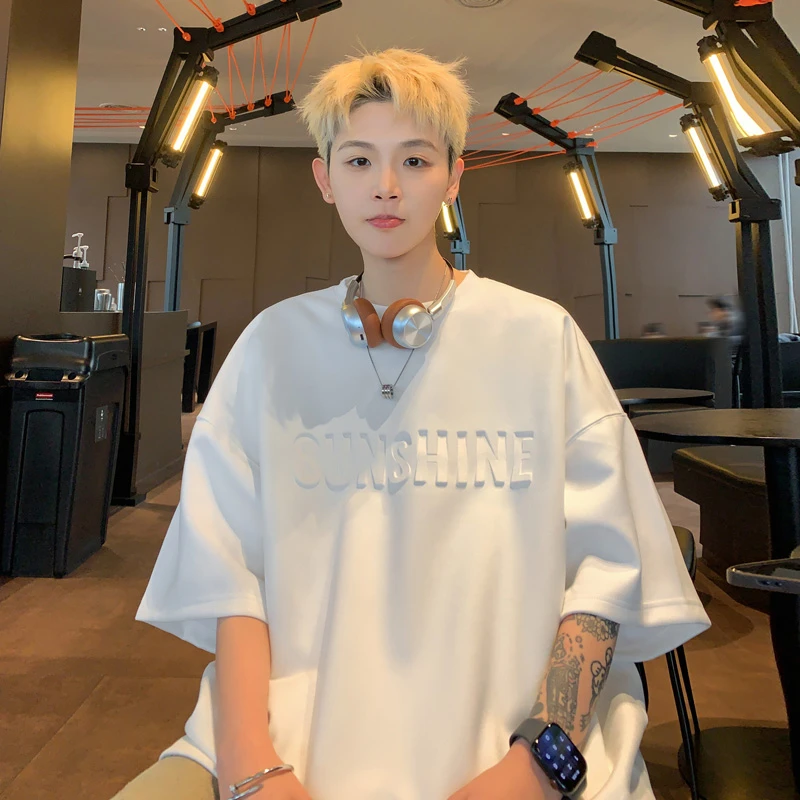 MXY夏季男士重磅300g 美式休闲宽松百搭钢印短袖设计感圆领半袖