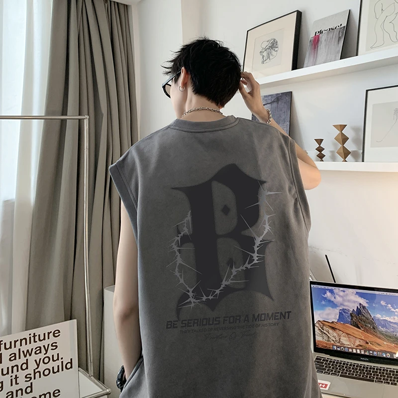 MXY夏季男士设计感无袖宽松大图案个性背心大码印花潮牌ins圆领