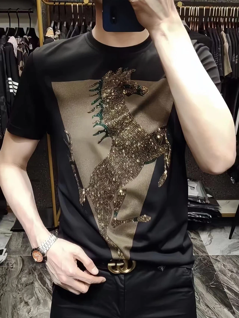 男士短袖T恤夏季新款燙鉆圓領打底衫男時尚休閑修身顯瘦半袖T恤