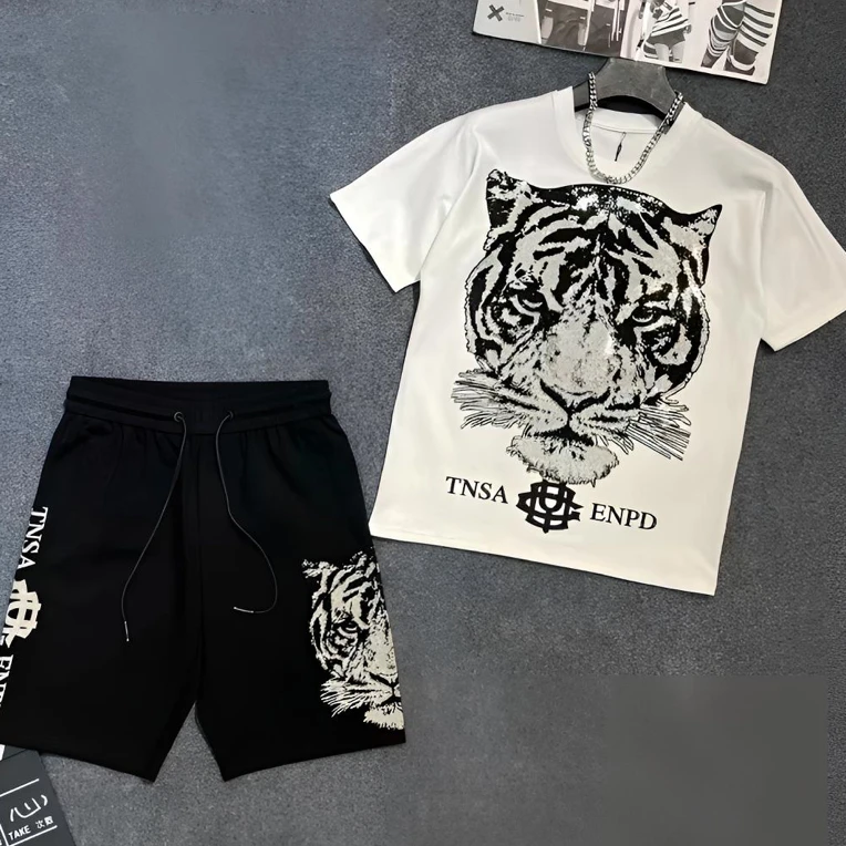春夏新款情侣满钻老虎短裤半袖套装重工男士t恤轻奢潮流时尚休闲