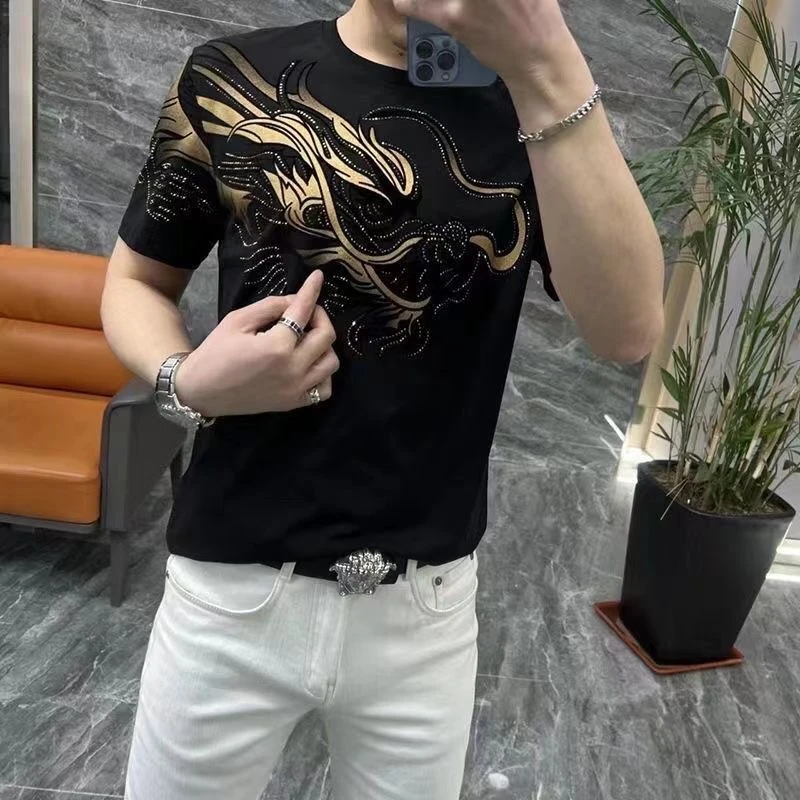 夏季新款龙形图案衣服中国风时尚国潮披肩龙短袖t恤男修身帅气潮