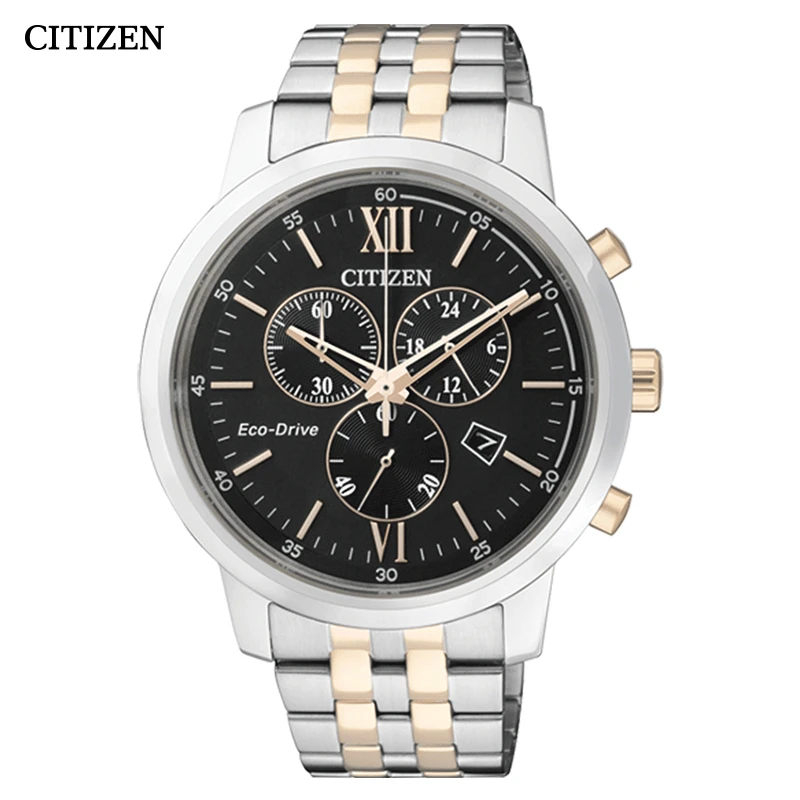 Citizen/西铁城光动能不锈钢表带男表黑盘三眼男表腕表AT2304-50E