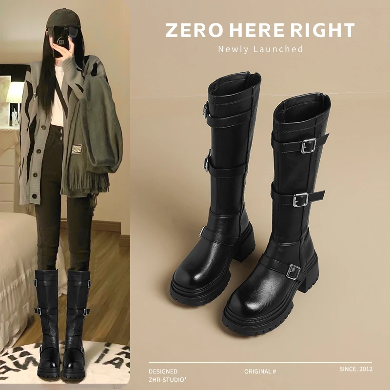 ZHR/则则酷感扣饰西部长靴女2025秋冬季厚底骑士靴复古长筒靴靴子