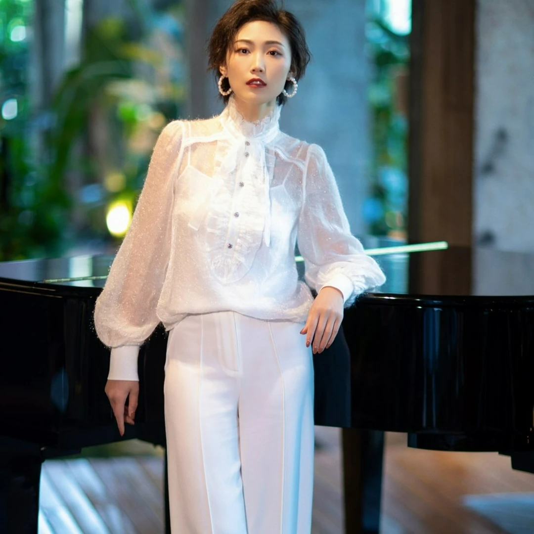 AMASS/阿玛施【重工款】2023年新款气质设计师时尚系带衬衫 6300033