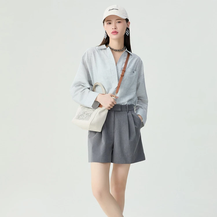 AMASS/阿玛施【设计师代表作】苎麻V领休闲百搭长袖衬衫5300724