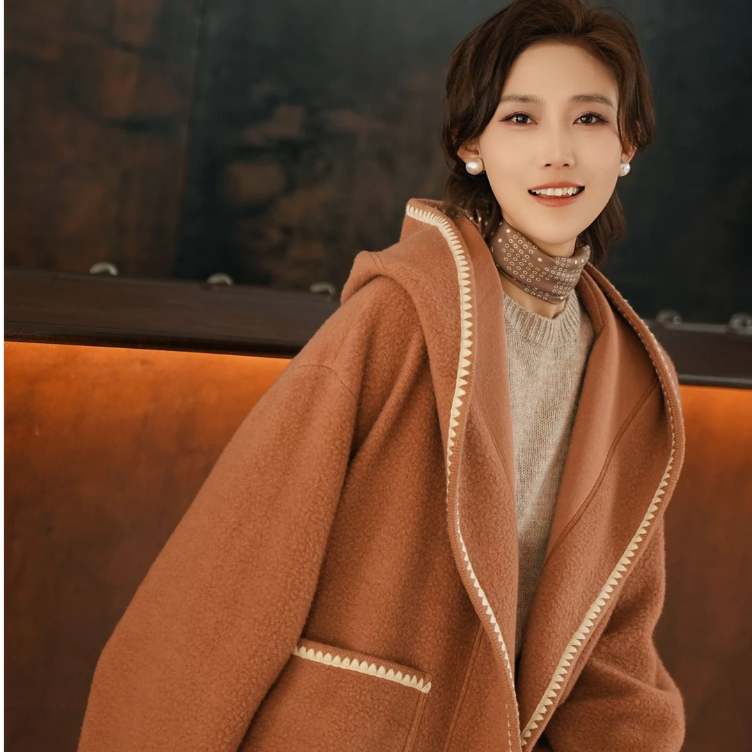 阿玛施AMASS睡袍式连帽廓形一手长外套女5400859